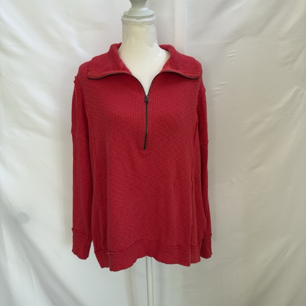We The Free XS Walk Away Half Zip Tunic Pullover Coral Waffle Sweater Oversized